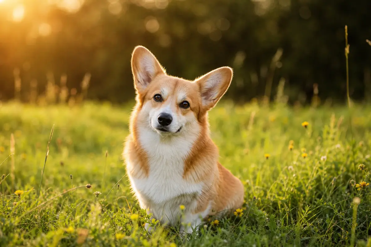 Corgi Pembroke assis dans une prairie verte à l'heure dorée, oreilles dressées
