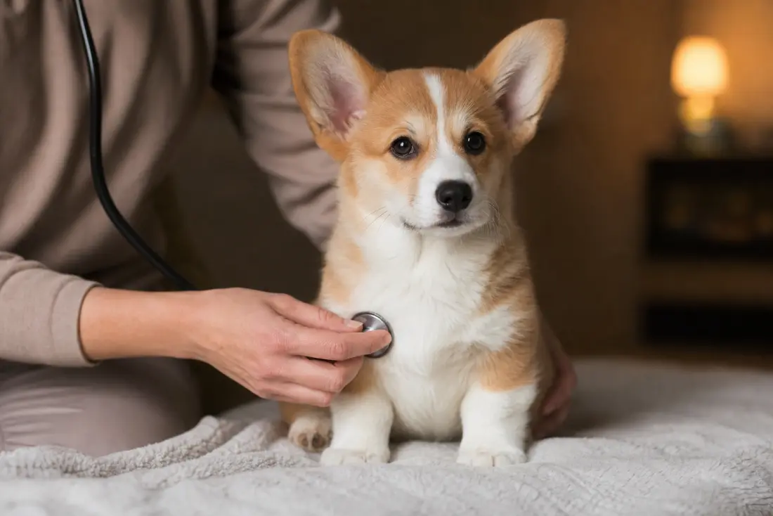 Chiot corgi lors d'un contrôle de santé au stéthoscope, ambiance d'élevage soigneux