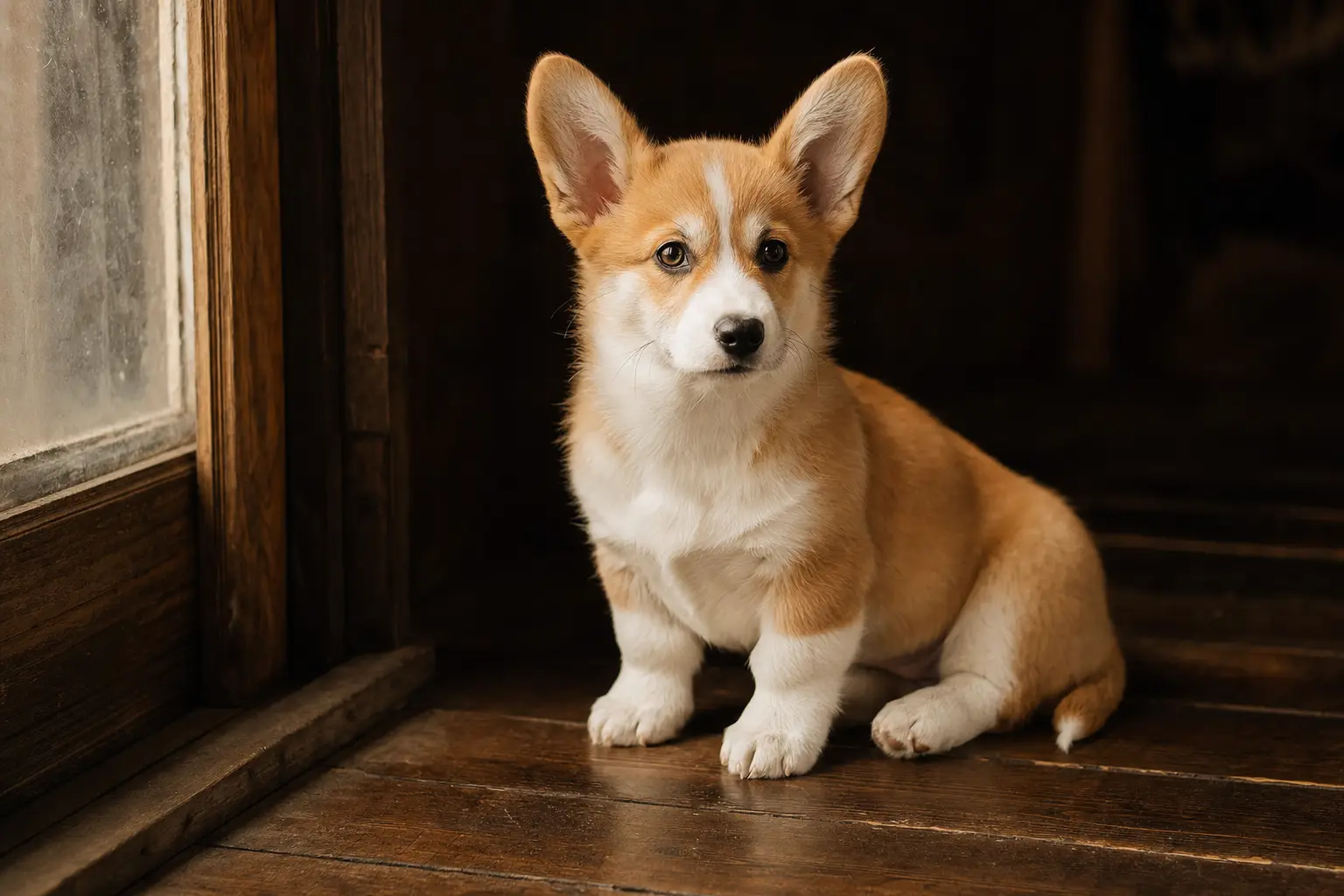 Chiot corgi Pembroke rouge et blanc aux grandes oreilles dressées, assis près d'une fenêtre dans une lumière dorée